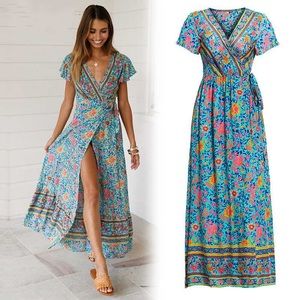 Floral wrap side tie maxi dress M NWT